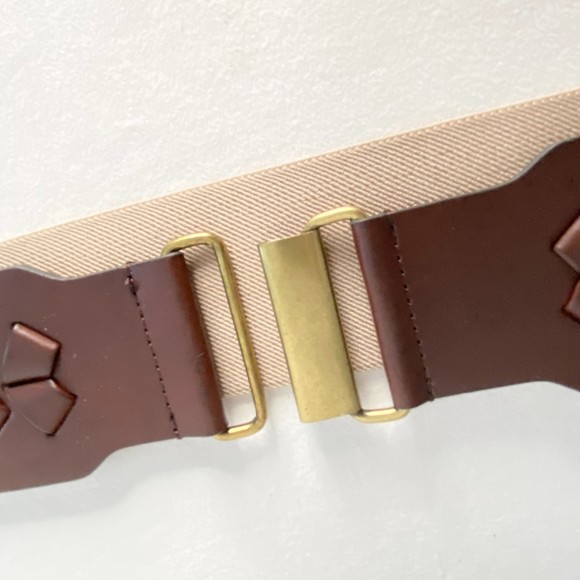 Beige Elastic Cinch Belt Brown Bonded Leather Ends Hook Buckle - Picture 7 of 9